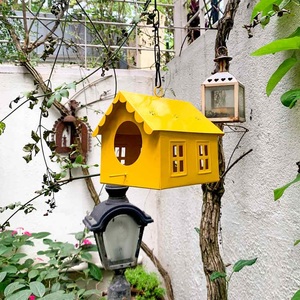 Azul redondo colgante Metal pájaro casa patio decoración Arte Jardín arte estaca artesanía Metal pájaro casa cabaña todo clima Metal pájaro cabaña entera - Product Image 2