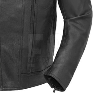 Veste de moto en cuir véritable noir pour homme, col rabattu, fermeture éclair, manches longues - Product Image 4