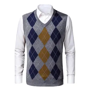 Argyle Pattern Men's Best Quality Sleeveless Jumper Wholesale Plus Size Custom Logo Hand Knitted OEM Low Price Men's Sweater