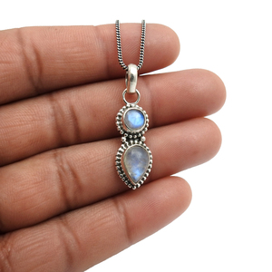 Bleu arc-en-ciel pierre de lune Double pierre précieuse lunette ensemble pendentif 925 en argent Sterling cadeau fabricant à la mode fait à la main en gros bijoux - Product Image 4
