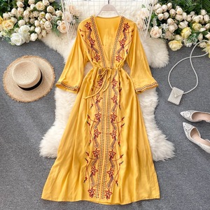 Nueva llegada túnica/Vestido largo mexicano de alta calidad para mujer hasta el suelo manga larga cintura borlas 100% algodón natural - Product Image 4
