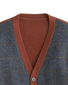 Cardigan en tricot patchwork marron et bleu, tissu doux en mélange de laine et fermeture boutonnée classique, pull chaud en coton élégant pour l'hiver - Product Image 4