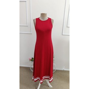 Women's Strappy Round Neck Long <b>Viscose</b> <b>Dress</b> with Ribbon Hem Detail, 34718 - Red - Product Image 4