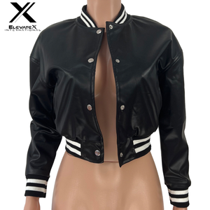 Veste universitaire matelassée en coton uni coupe courte coupe-vent pour femme, style baseball en cuir de vache, collection automne-hiver 2024 - Product Image 4