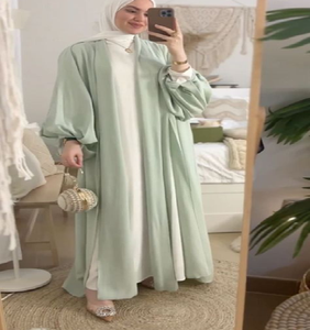 Minimalist mint green open abaya. Available at wholesale prices. Clean lines and modern style for everyday wear. - Product Image 1