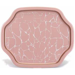 Bandeja grande de borde ondulado curvo de 285x400mm, patrón blanco, fondo de oro rosa, bandeja de servicio de madera de mango ovalada decorativa, OEM/ODM, bienvenida - Product Image 1