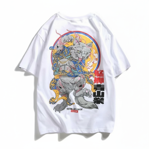 T-shirt graphique tatouage chat pour hommes, style festival japonais, blanc, Harajuku, streetwear oversize, en coton tricoté de qualité supérieure - Product Image 1