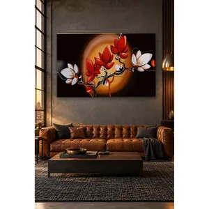 Impression sur toile de magnolias rouges et blancs de Fida devant une lune orange - Product Image 3