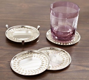 Hand-embossed round metal <b>coasters</b> with floral antique artwork and durable finished for parties and daily <b>table</b> use - Product Image 3