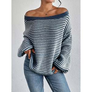Pull en tricot ample à épaules tombantes rayé pour femme, style coréen décontracté - Product Image 1