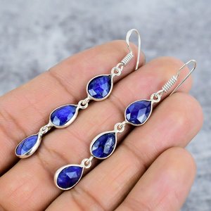 Pendientes de Plata de Ley 925 con Gema de Zafiro Azul Teñido de Moda, Novedad, para Mujer, para Bodas y Fiestas - Product Image 3