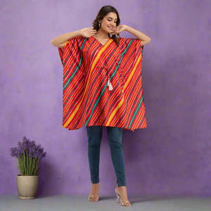Vestido Kaftan de Algodón con Estampado Leheriya Rojo, Elegante y Moderno, Largo hasta la Rodilla, Ropa Casual de Noche para Club, Suministro ODM-SHKUP1230 - Product Image 1