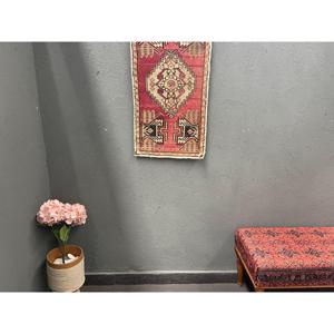 Turkish Rug, Small 1.6x3 ft Vintage Rug, <b>Red</b> Black Bordered <b>Wool</b> Rug - Product Image 1