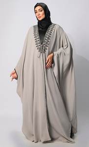 Sophisticated Embroidery and Handcrafted Grey XXL Kaftan Long Abaya Dress With Lining <b>for</b> Dubai Muslims Inspired Adult <b>Shrugs</b> - Product Image 2