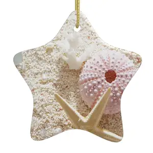 Подвесное керамическое украшение для рождественской елки, высококачественный синий цветок со звездообразными рыбками на пляже, украшение с принтом для рождественского фестиваля