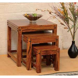 Ensemble de 3 tabourets Jodhpur en bois massif au design traditionnel élégant pour meubles de salon à la maison - Product Image 4