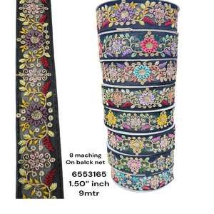 Fleurs sur mesure brodées en neuf couleurs sur tissu de base noir à des fins diverses en taille de 2 pouces de largeur pour la vente - Product Image 1