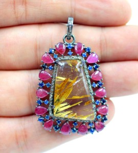 Colgante de piedras preciosas lisas de Plata de Ley 925 con rubí rutilo dorado natural y Diamante brillante de zafiro azul para regalo - Product Image 2