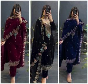 Ensemble Kurti Pant Dupatta en velours de viscose lourd et élégant pour femmes avec de riches détails de broderie, parfait pour les tenues de fête et de cérémonie - Product Image 3