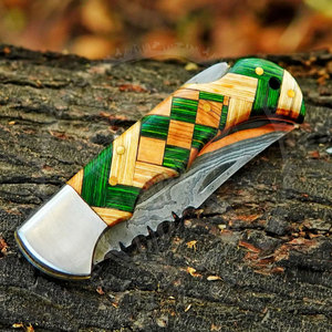 Couteau pliant de haute qualité en acier damas cuivré, fabriqué à la main avec manche en bois multi-usage pour le camping et la randonnée, personnalisable OEM - Product Image 2