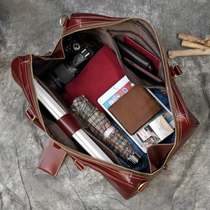 Sac de voyage pliable en cuir véritable grande capacité avec fermeture éclair, durable, rouge - Product Image 5
