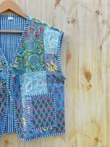 Chaleco bohemio Vintage para mujer, abrigo 100% de algodón hecho a mano Hippie Patchwork acolchado, cierre de doble botonadura, bolsillos bordados - Product Image 6