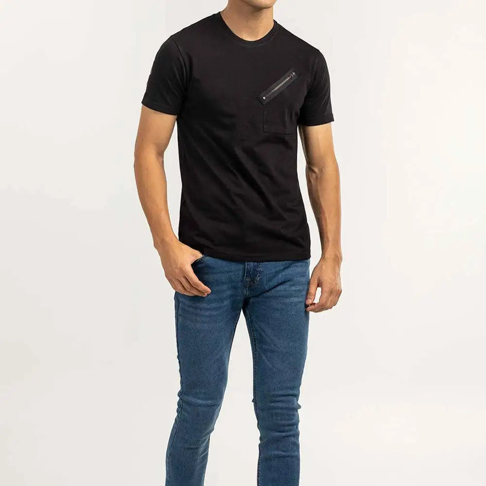 Summer New Cotton Made Black Solid Causal O-Neck Basic T-Shirt Male Custom T-Shirt Men Plain T Shirt With Front Zipper Design