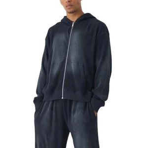 Custom Acid Wash Tracksuits Zip up 420 GSM Straight Leg Jogging Suit Distressed Sweatsuit <b>Hoodies</b> and Sweatpants Sets <b>Men</b> - Product Image 4