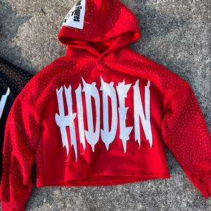 Vente chaude Surdimensionné Streetwear Pull Crop Hoodie Personnalisé Hommes Mode Lourd Strass Distressed Applique Hiver - Product Image 3
