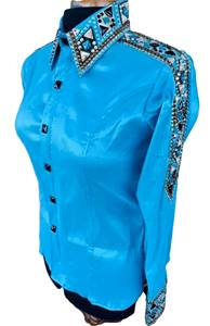 Camisa hecha a mano de Cowgirl Western Show en blanco impreso en tela de tafetán elástica para uso ecuestre - Product Image 5