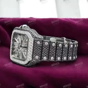 Montre glacée à cadran squelette de luxe avec pierres CZ noires et blanches, mouvement mécanique, montre de mode unisexe à visage carré - Product Image 3