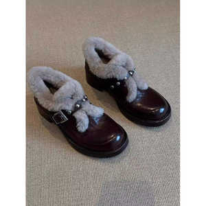 Round Toe Low-Top <b>Ankle</b> <b>Bootie</b> with Deep Rubber Mouth Short Plush PU Chunky Heel Artificial Design - Product Image 2