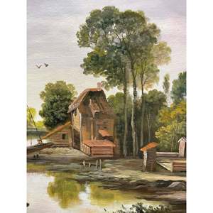 Dipinti a Olio di Paesaggi 100% Fatti a Mano 36x24 Pollici, Classico Campo con Barca sul Fiume e Scenario di Villaggio - Product Image 4