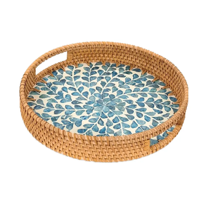 Bandeja de mimbre hecha a mano de lujo con elegante incrustación de nácar-Bandeja de servicio decorativa para uso en el hogar, frutas y verduras - Product Image 3