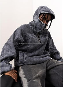 Sweat à capuche pour homme surdimensionné vintage avec broderie usée personnalisée, lavage à l'acide, fermeture éclair - Product Image 3