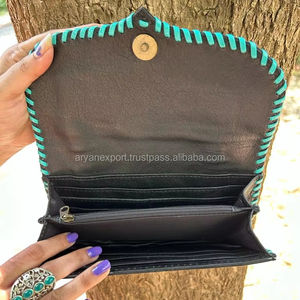 มือเครื่องมือแกะสลักกระเป๋าสตางค์คลัทช์เคสโทรศัพท์มีสไตล์หลายใช้หนังวัวขนหนังกระเป๋าสตางค์กระเป๋าสตางค์สีเทอร์ควอยซ์สําหรับผู้หญิง - Product Image 3