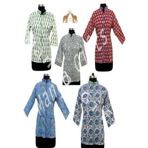 100% Cotton <b>Indian</b> Hand Block Printed Tunics <b>Tops</b> Women's Casual Ethnic Wear Collar Shirt Similar to a Gown - Product Image 1