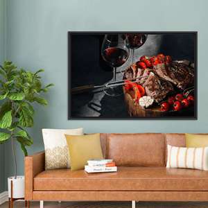Impression sur toile pour cuisine moderne : élégante composition artistique sur le thème du vin et de la viande, toile encadrée noire - Product Image 1