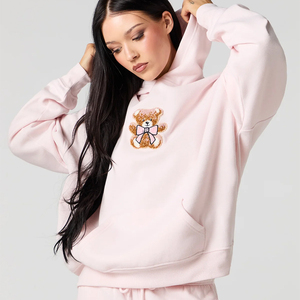 บริการ OEM เสื้อฮู้ดดี้ผู้หญิงสีชมพูสำหรับฤดูหนาว ทรงหลวม ไหล่ตก ปักลายเชนิลล์ ผ้าฝ้าย 100% ระบายอากาศได้ดี ไม่ยับง่าย คุณภาพสูง - Product Image 1