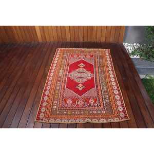 Vintage Small Rug 2.8x5.1 ft, Red <b>Brown</b> Southwestern Rug <b>Wool</b> - Product Image 1