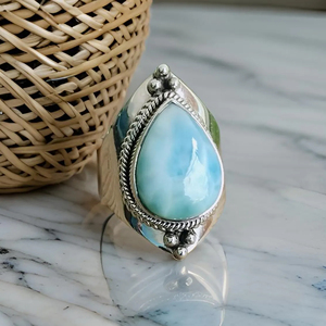 Hermoso diseño Natural Larimar 925 plata esterlina forma de pera hecho a mano oxidado estilo bohemio moda mujer anillo de compromiso - Product Image 1