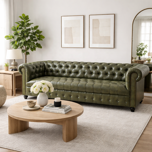 Army Green Genuine Leather Chesterfield <b>Sofa</b> | Midcentury Modern Living Room <b>Sofa</b> | Handmade Tufted Wood Legs 3-Year Warranty | - Product Image 1