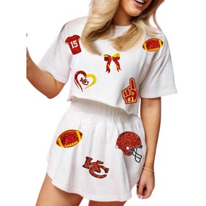 Hot Selling Custom Designed Women's Sports Skort Set Summer Casual Cotton <b>Tops</b> Sequined Embroidered Game Day Themed <b>Tops</b> Short - Product Image 3