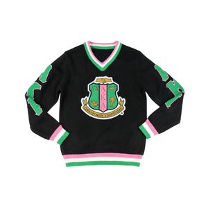 AKA maglione con scollo a V nero HBCU greco abito da confraternita ricamato con cresta rosa strisce verdi stile College abbigliamento greco lettera - Product Image 1