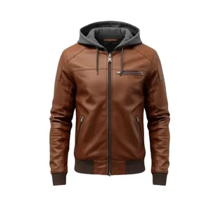 Veste de moto Leon Kennedy RE4 en cuir véritable, col à capuche, coupe-vent, fermeture éclair, taille XS, homme, polyester - Product Image 1