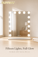 Miroir de maquillage éclairé BUYWAY Hollywood avec 15 ampoules LED, miroir vertical blanc à intensité réglable, pour table ou bureau