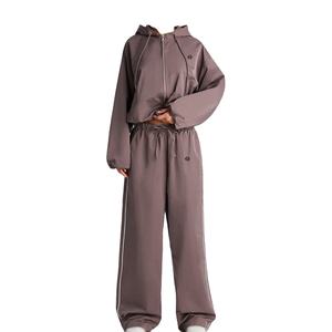 Women's Soft Heavyweight Brush Fleece <b>Zip</b> <b>up</b> Tracksuit Two Piece <b>White</b> Piping Sweatpants OEM ODM Custom Embroidery Tracksuits - Product Image 1