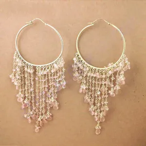 Boucles d'oreilles pendantes fines en perles ART PALACE, plaquées or avec des gouttes de pierres précieuses roses pour femmes, en provenance du Rajasthan - Product Image 2