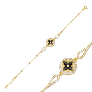 Round Shape Flower Black Enamel <b>Charm</b> Bracelet Turkish Wholesale Handcrafted Fine 925 Sterling Silver Jewelry - Product Image 1