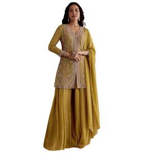 Costume de Palazzo Kurta brodé Chinon jaune avec Dupatta pour réception de fête de mariage célébrations culturelles traditionnelles - Product Image 1